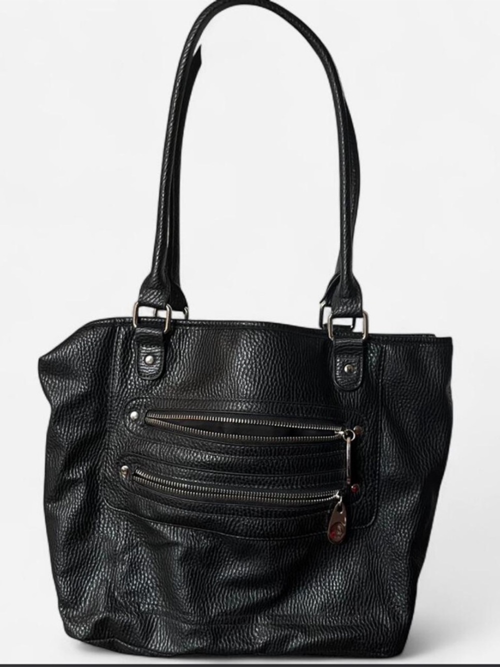 Black Vintage Leather Tote Bag with Zip Pockets